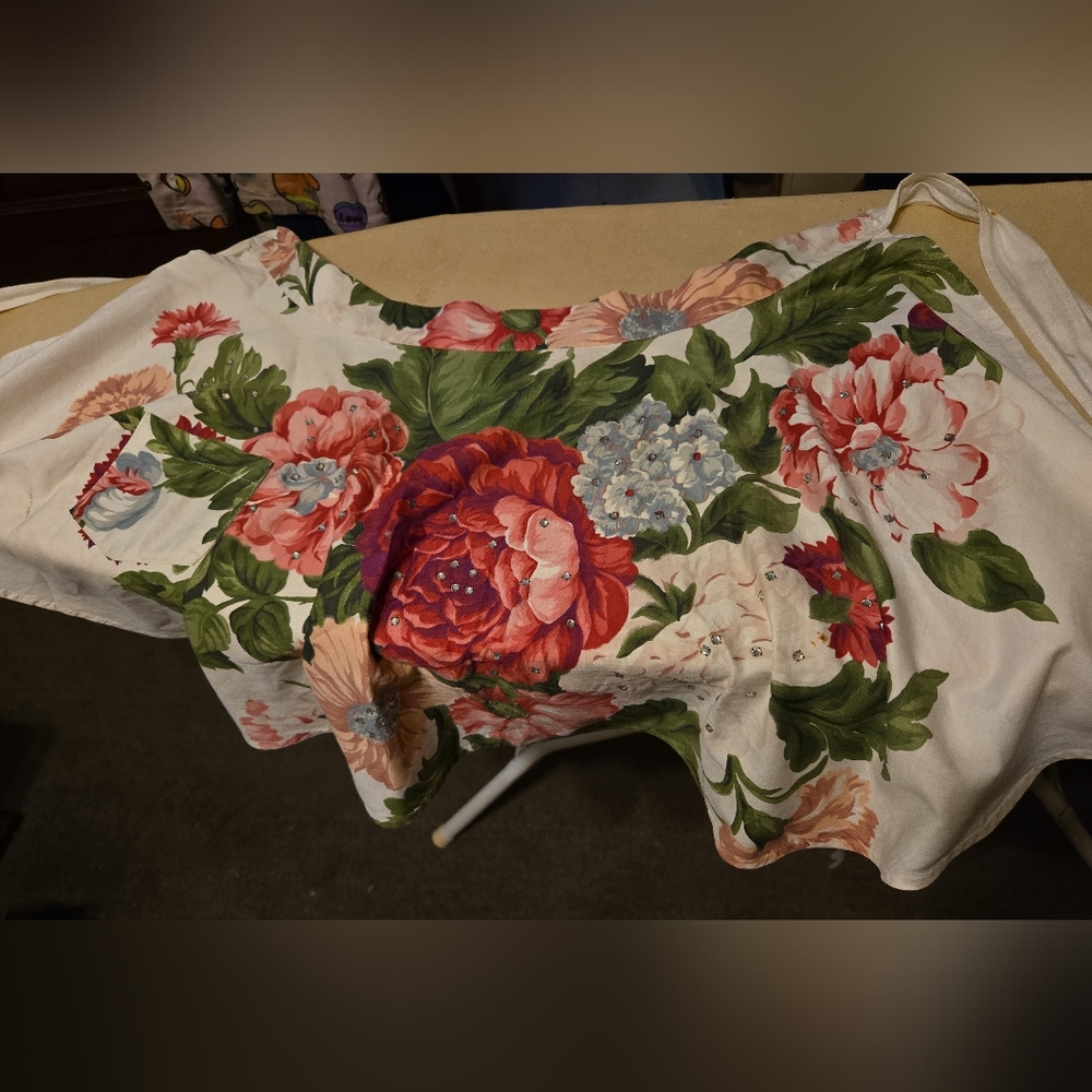 Handmade Vintage Floral Half Apron with  Rhinestones